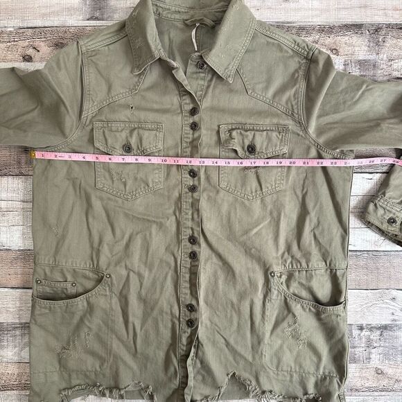 Free People Moonchild Distressed Denim Olive Green Raw Hem Jacket | Size Large - Picture 4 of 8